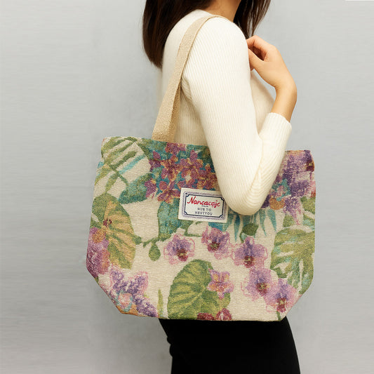 Vintage-Inspired Jacquard Tote Bag – Tropical Garden