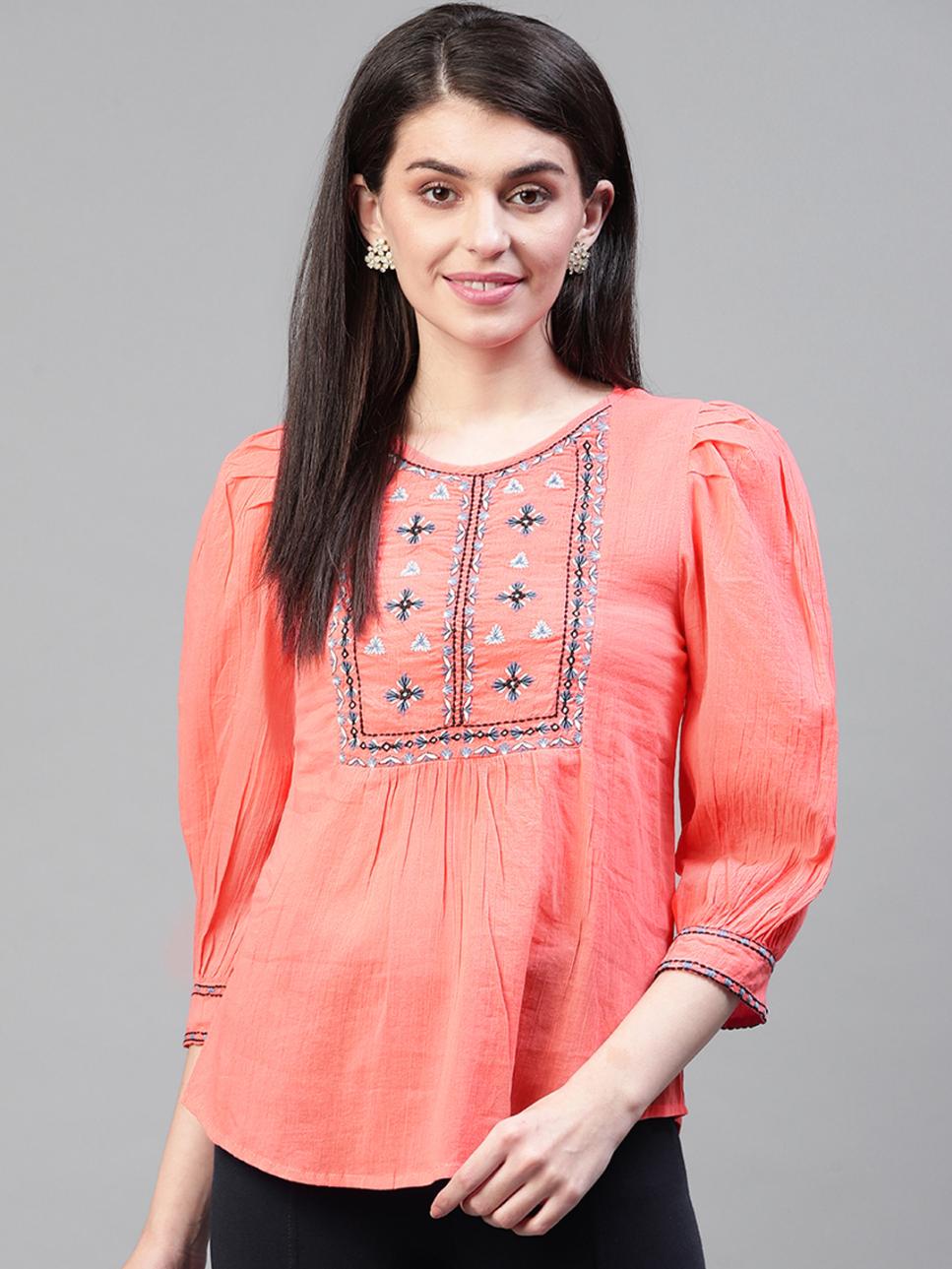 Scoup Pink Yoke Embroidered Top