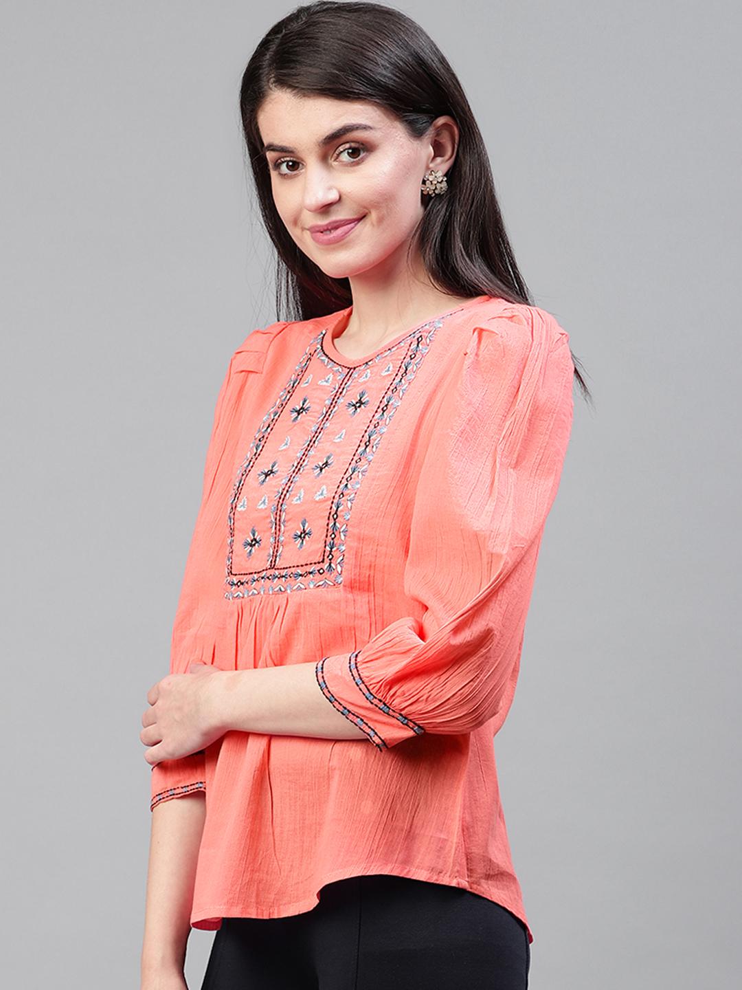 Scoup Pink Yoke Embroidered Top
