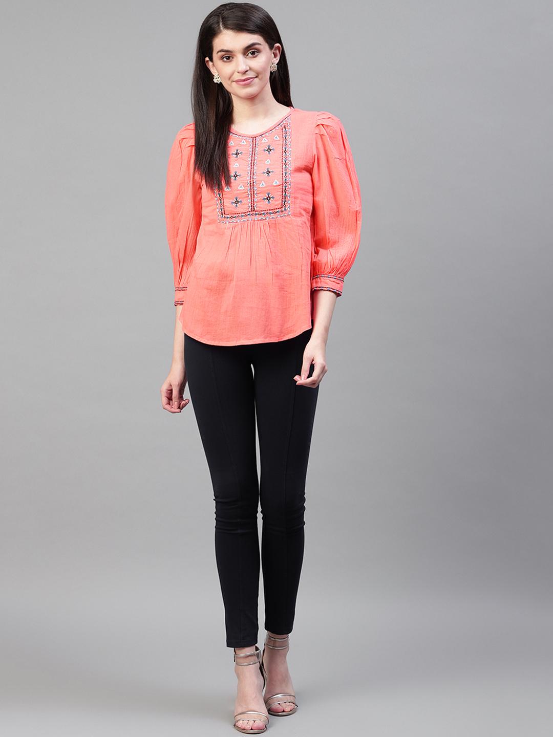 Scoup Pink Yoke Embroidered Top