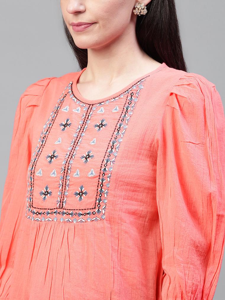 Scoup Pink Yoke Embroidered Top