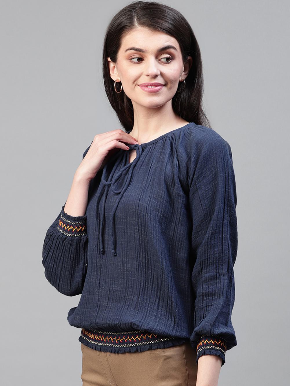Navy blue cotton top with waist smocking
