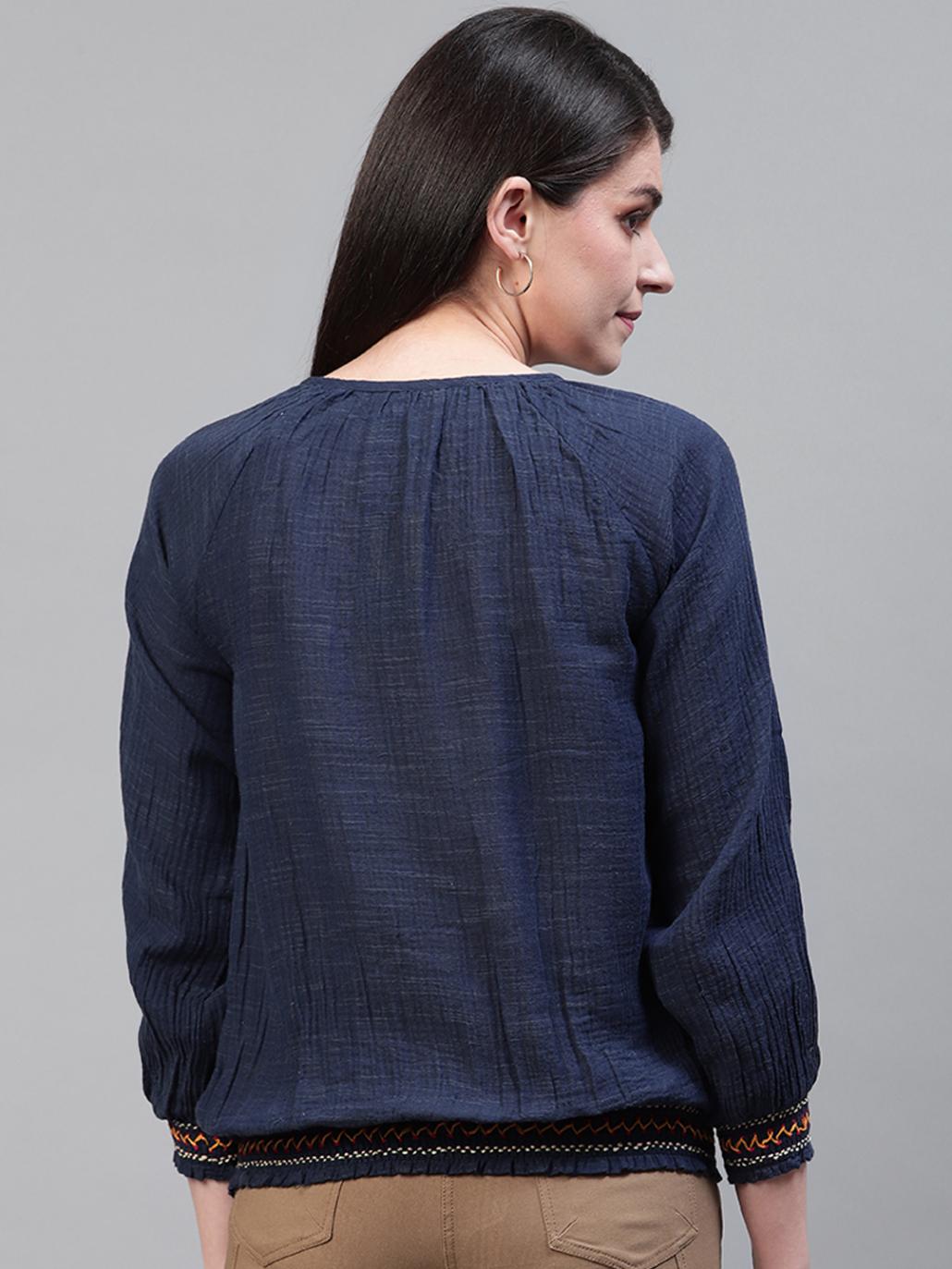 Navy blue cotton top with waist smocking