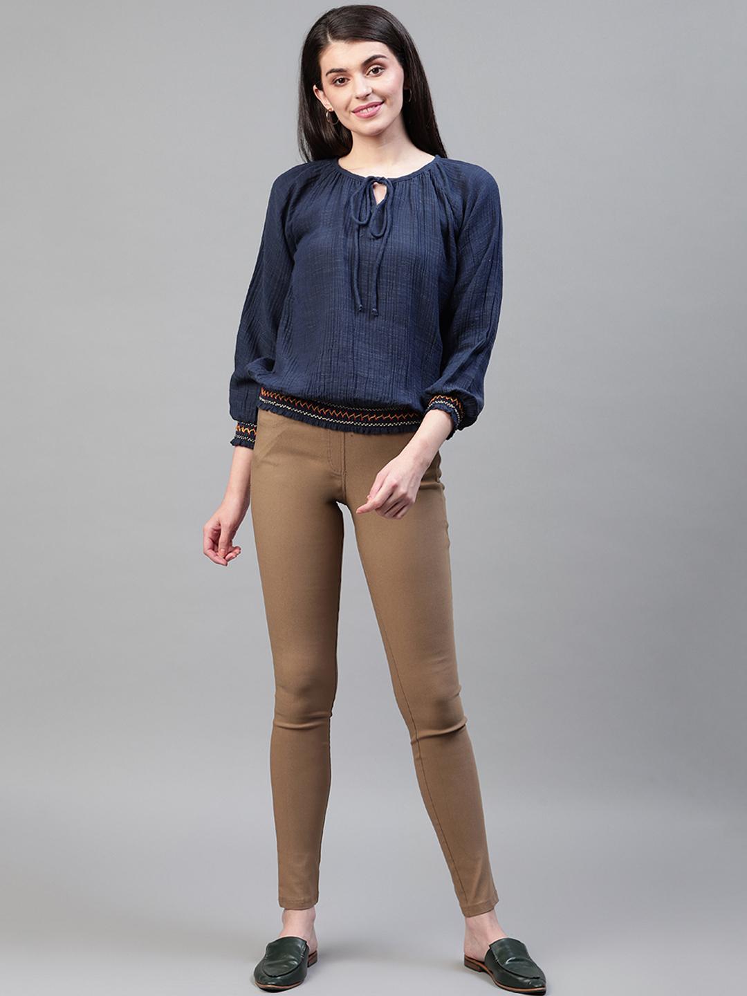 Navy blue cotton top with waist smocking