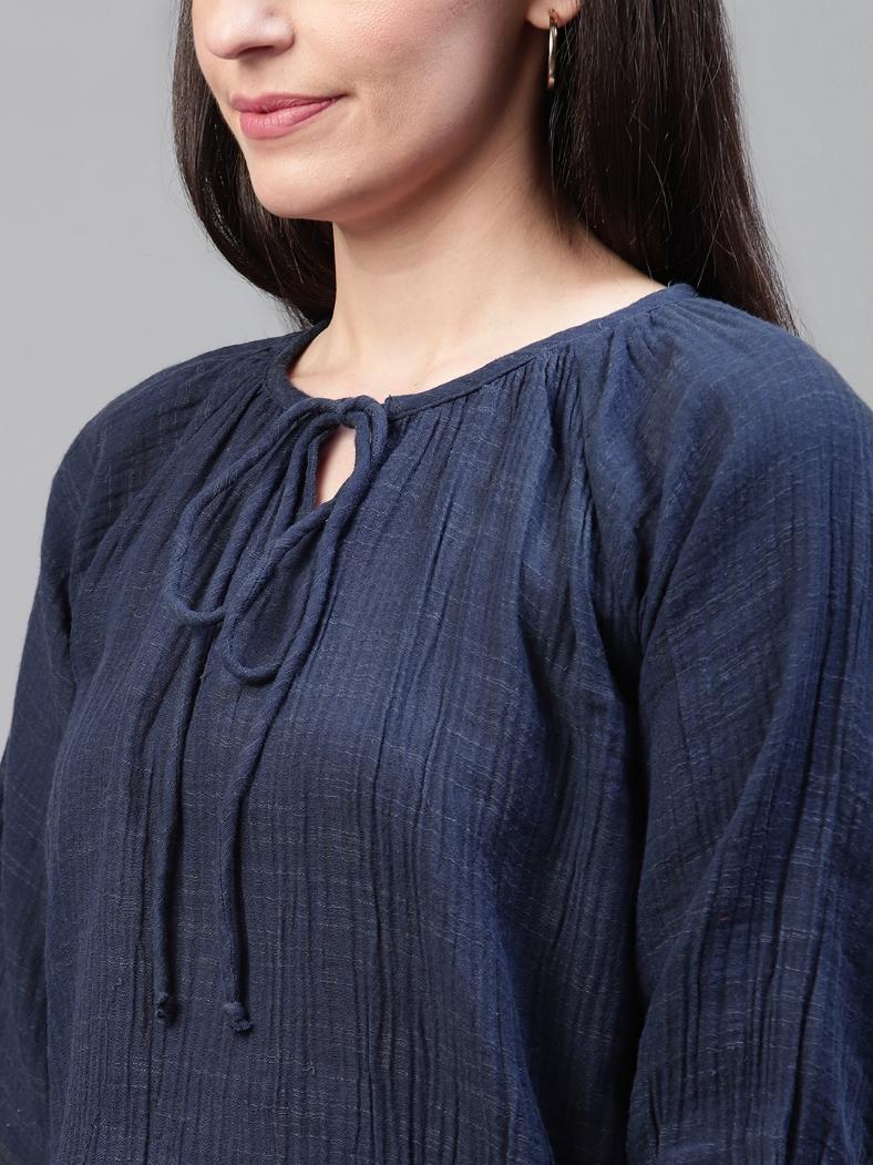 Navy blue cotton top with waist smocking