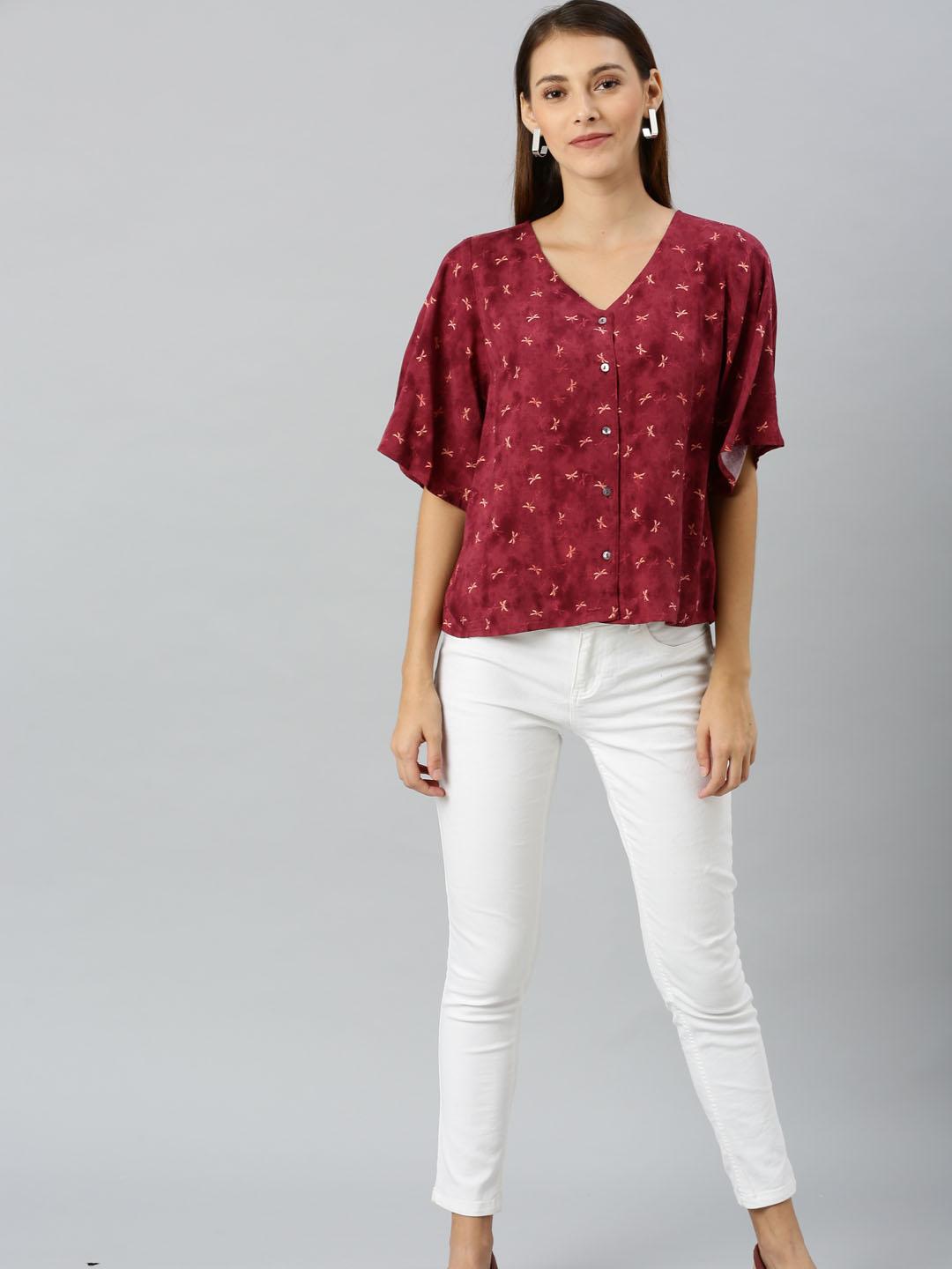 Women Maroon & Beige Floral Printed Top With Flared Sleeves