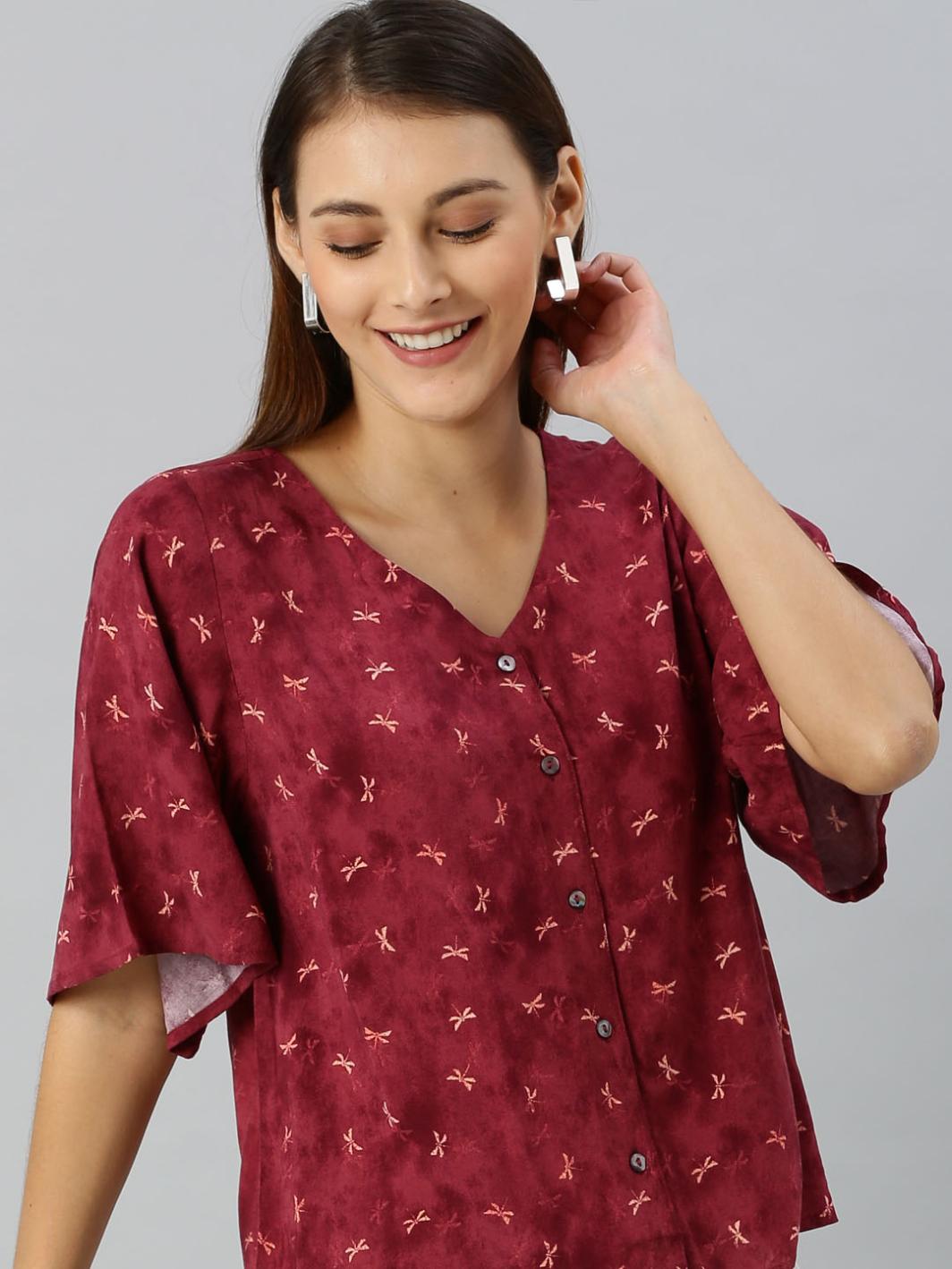Women Maroon & Beige Floral Printed Top With Flared Sleeves