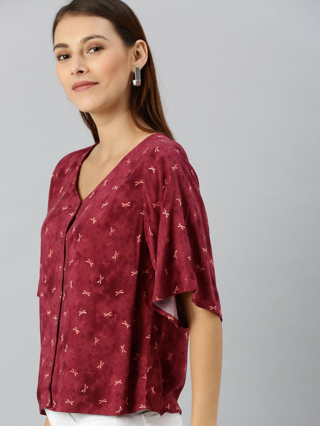 Women Maroon & Beige Floral Printed Top With Flared Sleeves