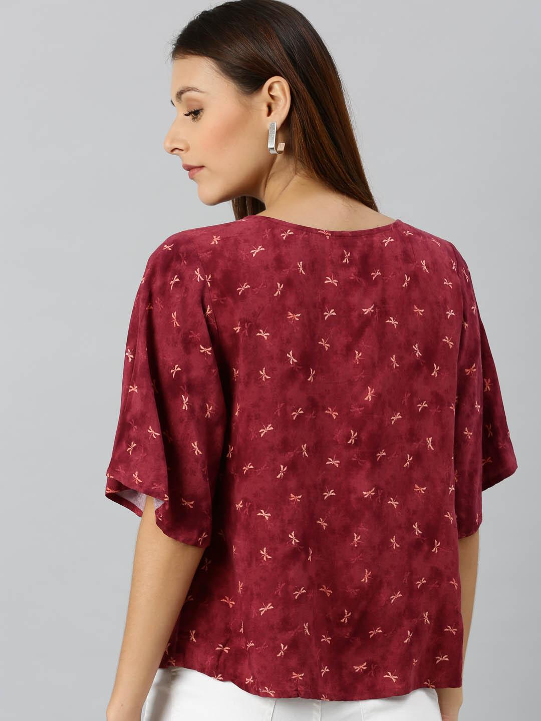 Women Maroon & Beige Floral Printed Top With Flared Sleeves