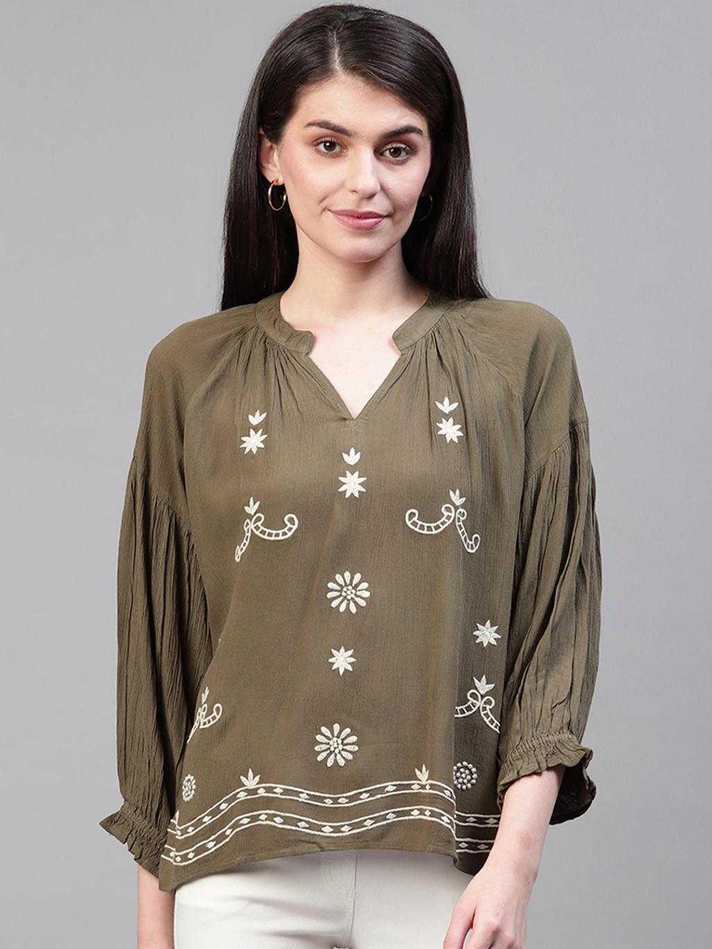 Women Olive Green & White Embroidered Top