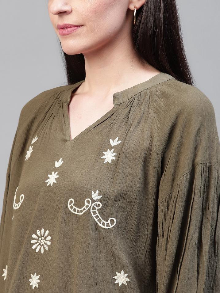 Women Olive Green & White Embroidered Top
