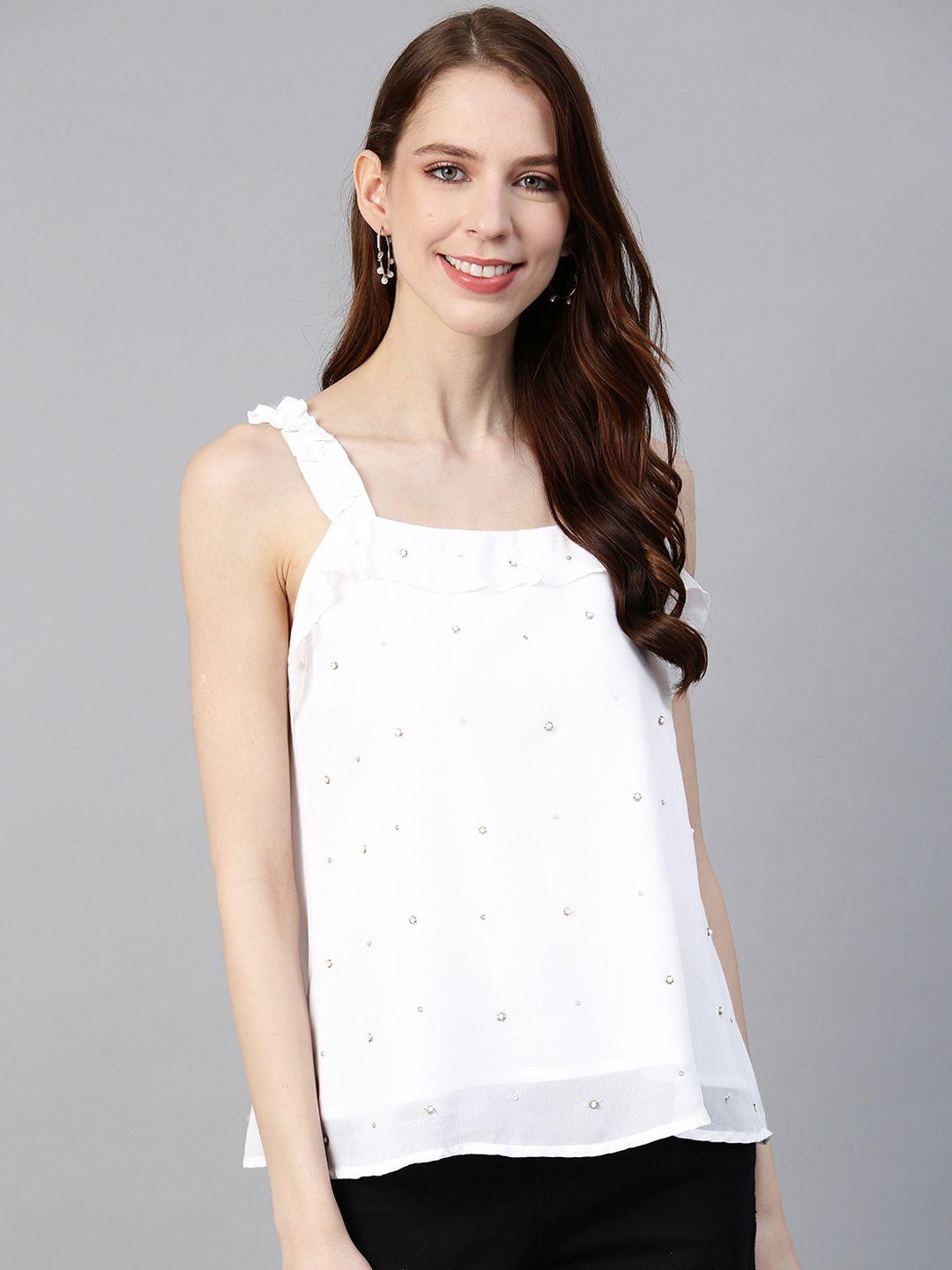White Frill Strap Top with Bead Work
