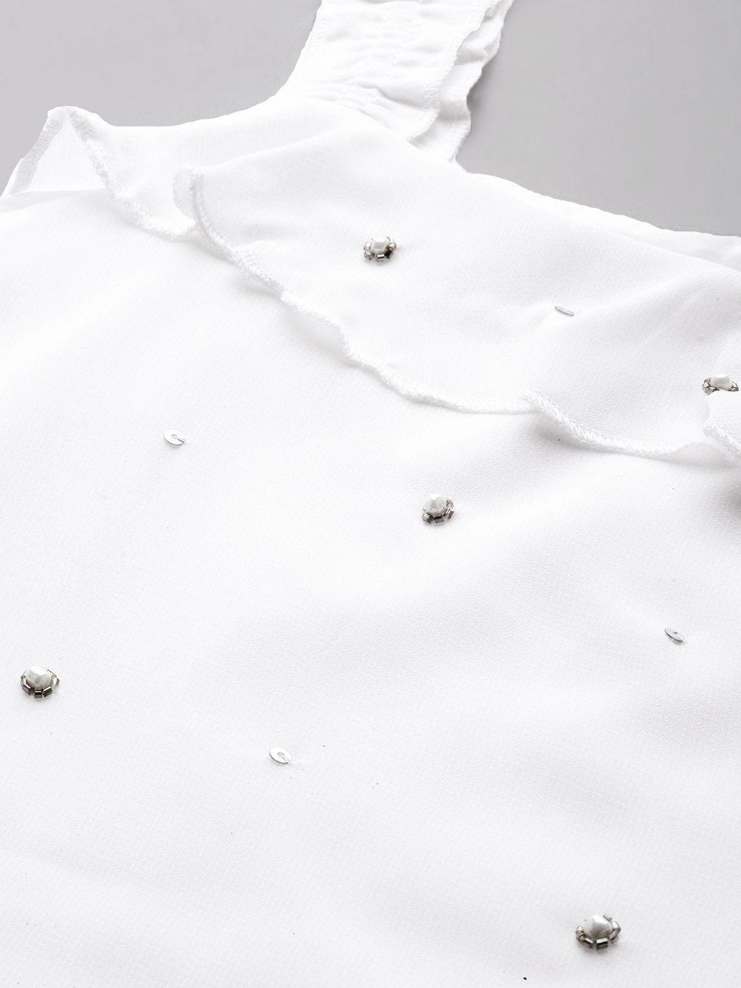 White Frill Strap Top with Bead Work