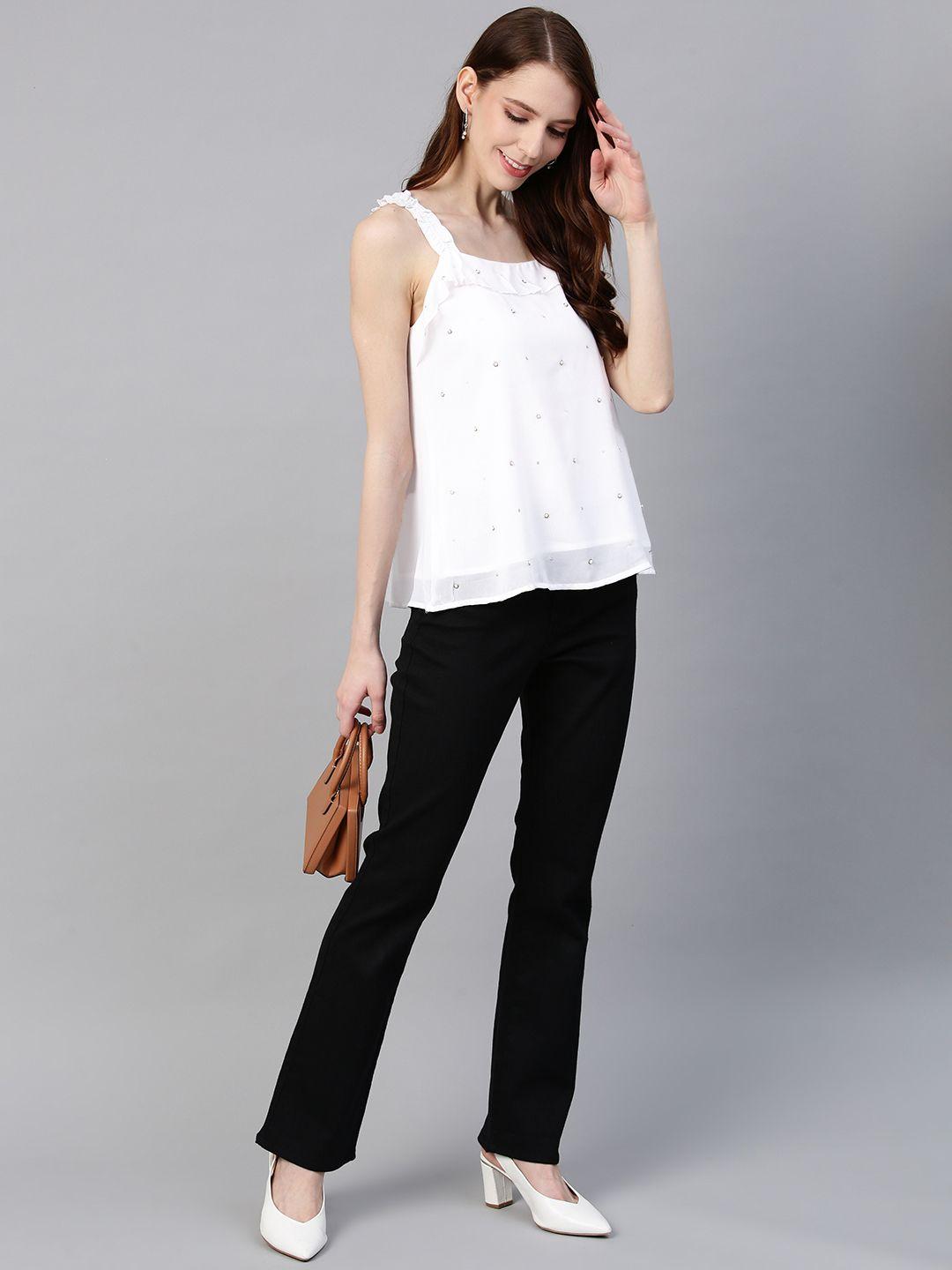 White Frill Strap Top with Bead Work
