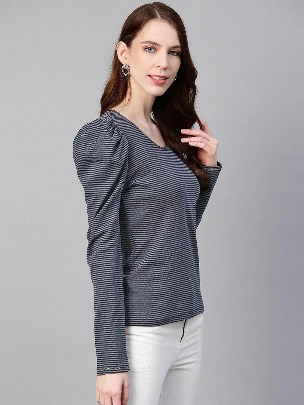 Puff sleeve stripe jersey top