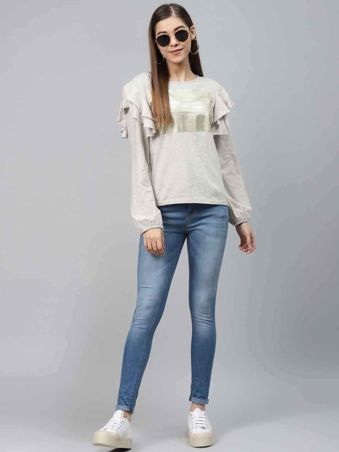 Melange full sleeve placement print top