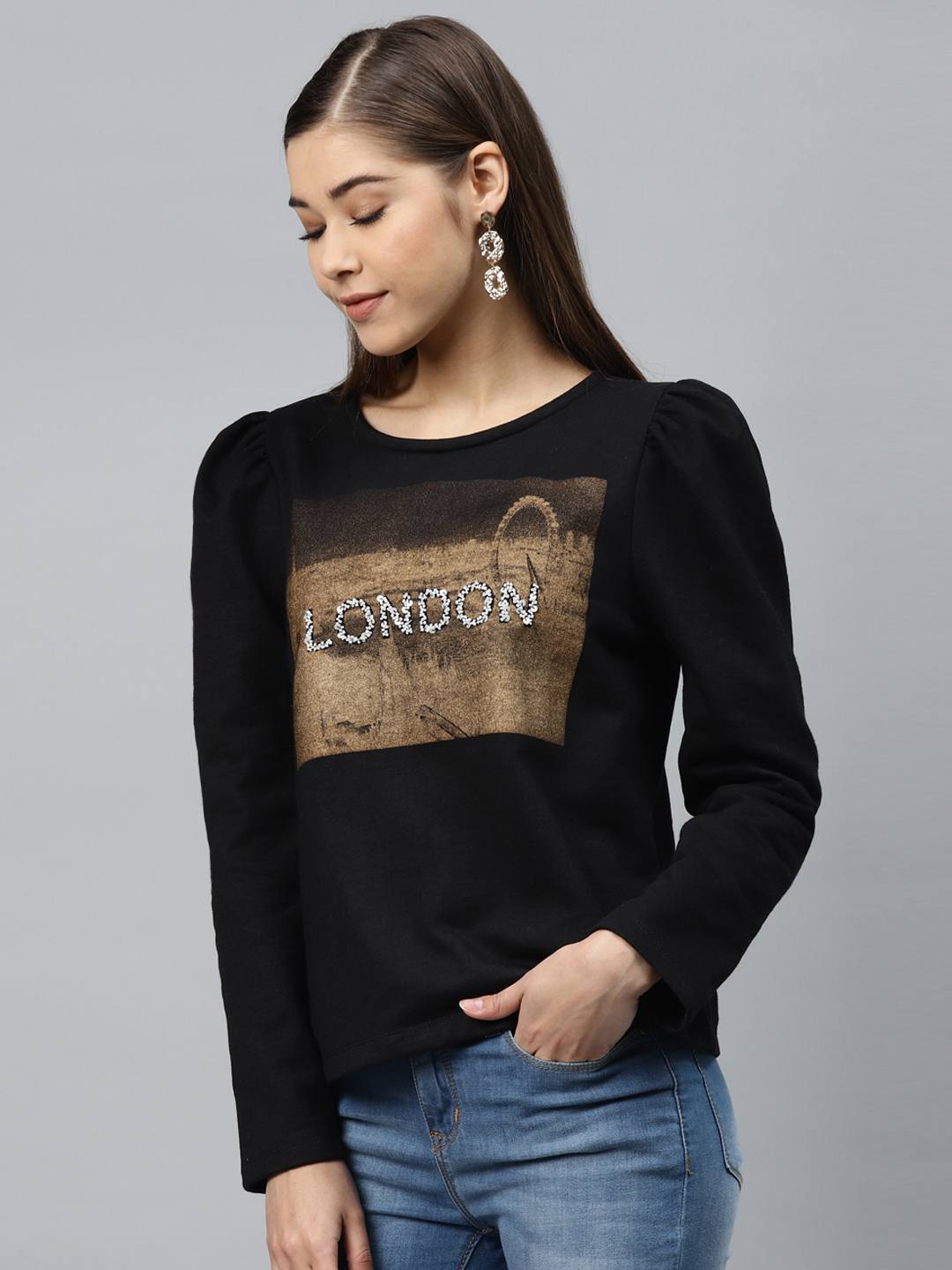 Printed Puff Sleeves Sweatshirt