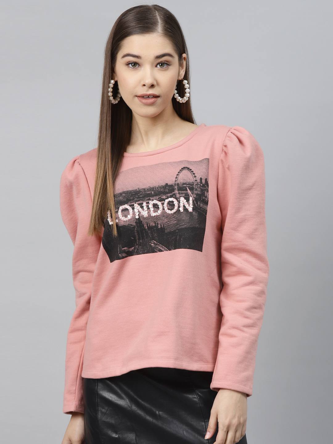 Women Pink & Black Printed Puff Sleeves Sweatshirt
