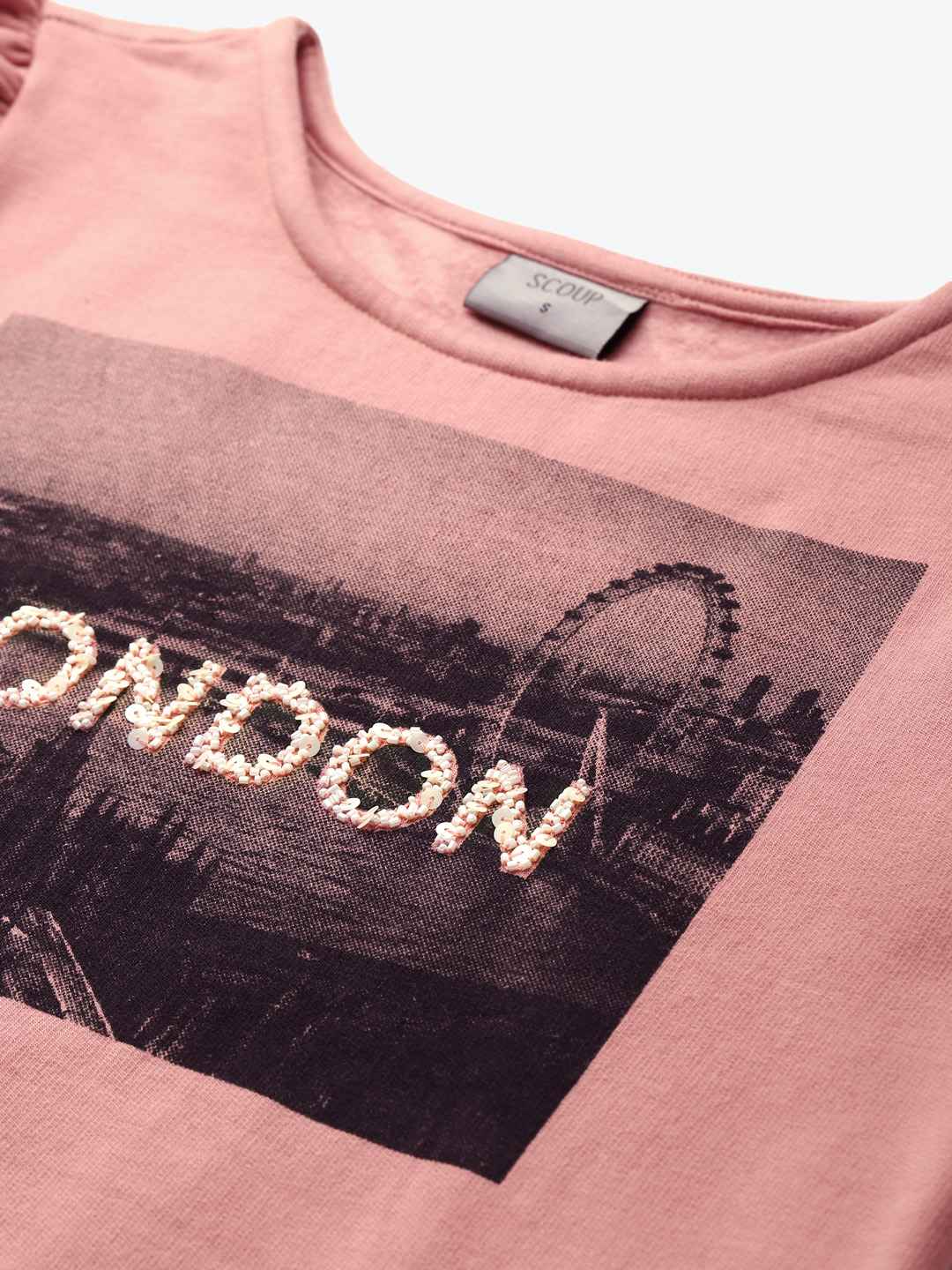 Women Pink & Black Printed Puff Sleeves Sweatshirt