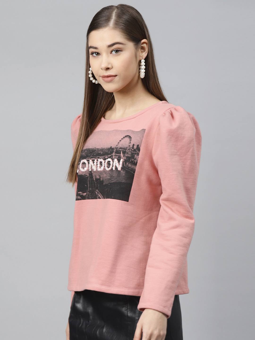 Women Pink & Black Printed Puff Sleeves Sweatshirt