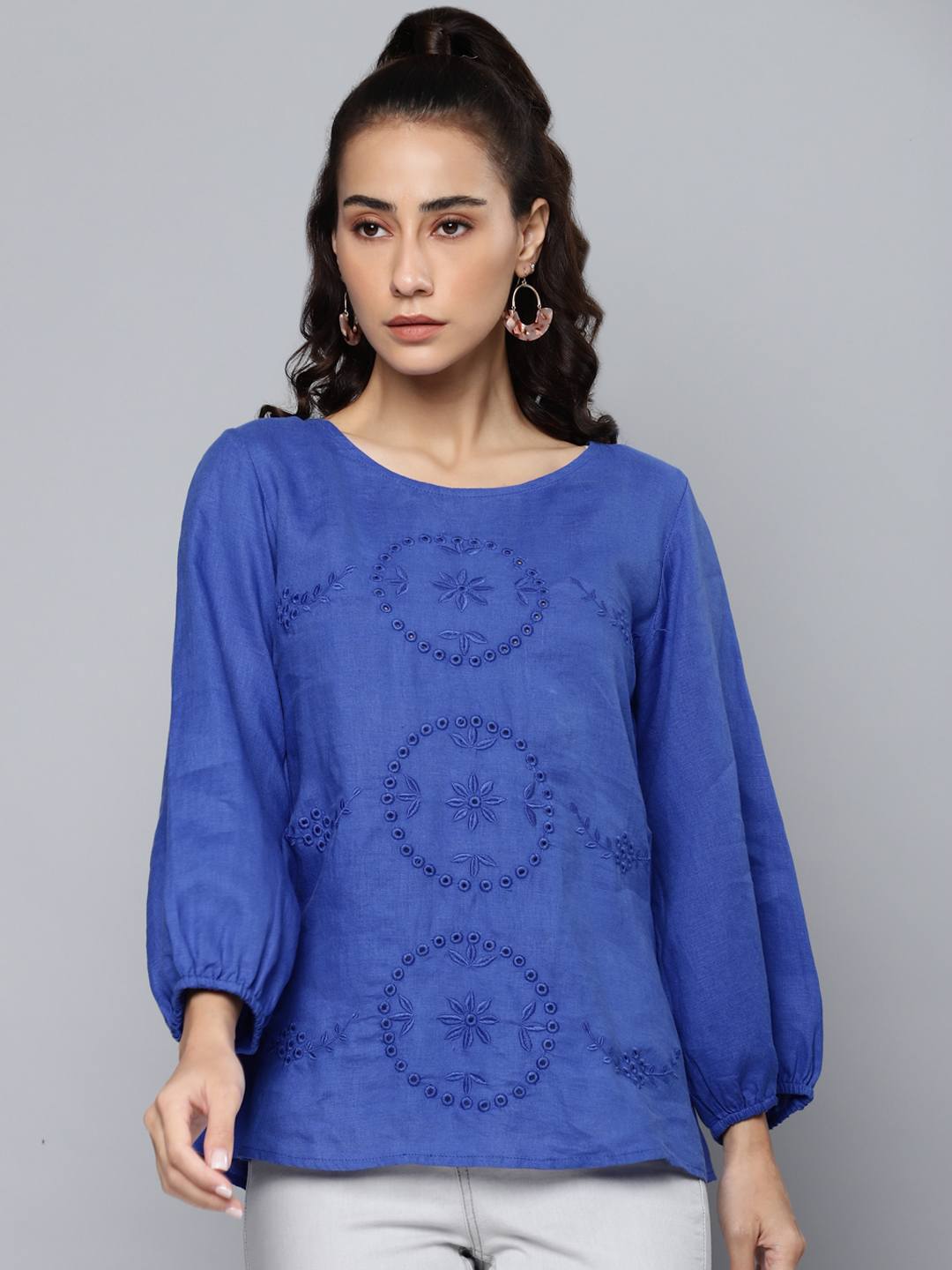 Blue Schiffli Embroidered Cotton Linen?op