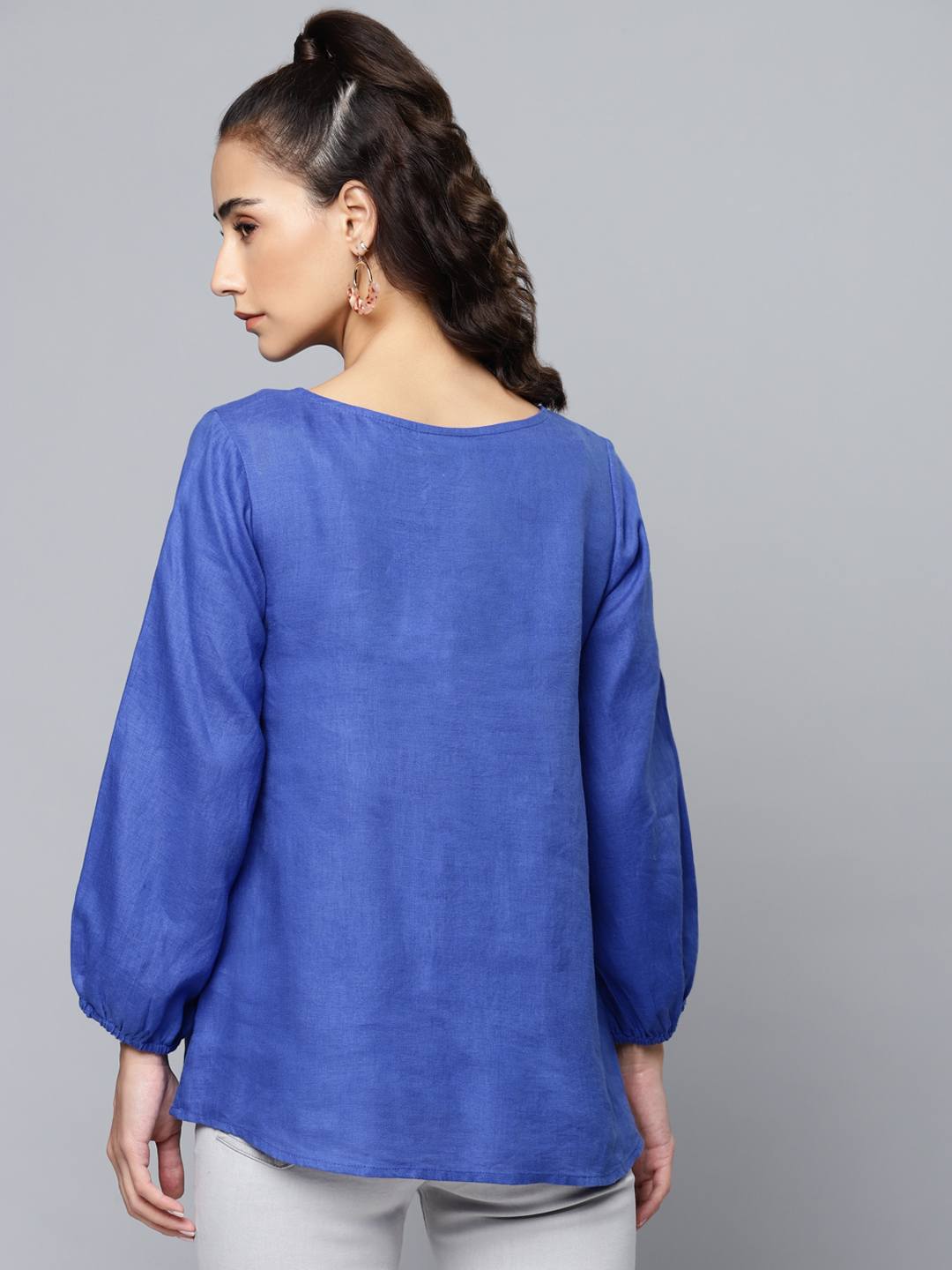 Blue Schiffli Embroidered Cotton Linen?op