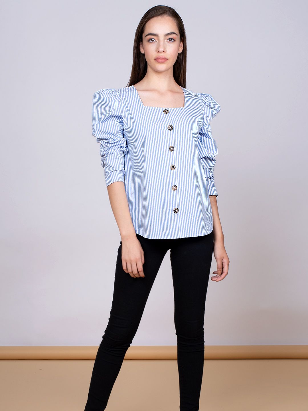 Volume Sleeves Cotton Stripe Top