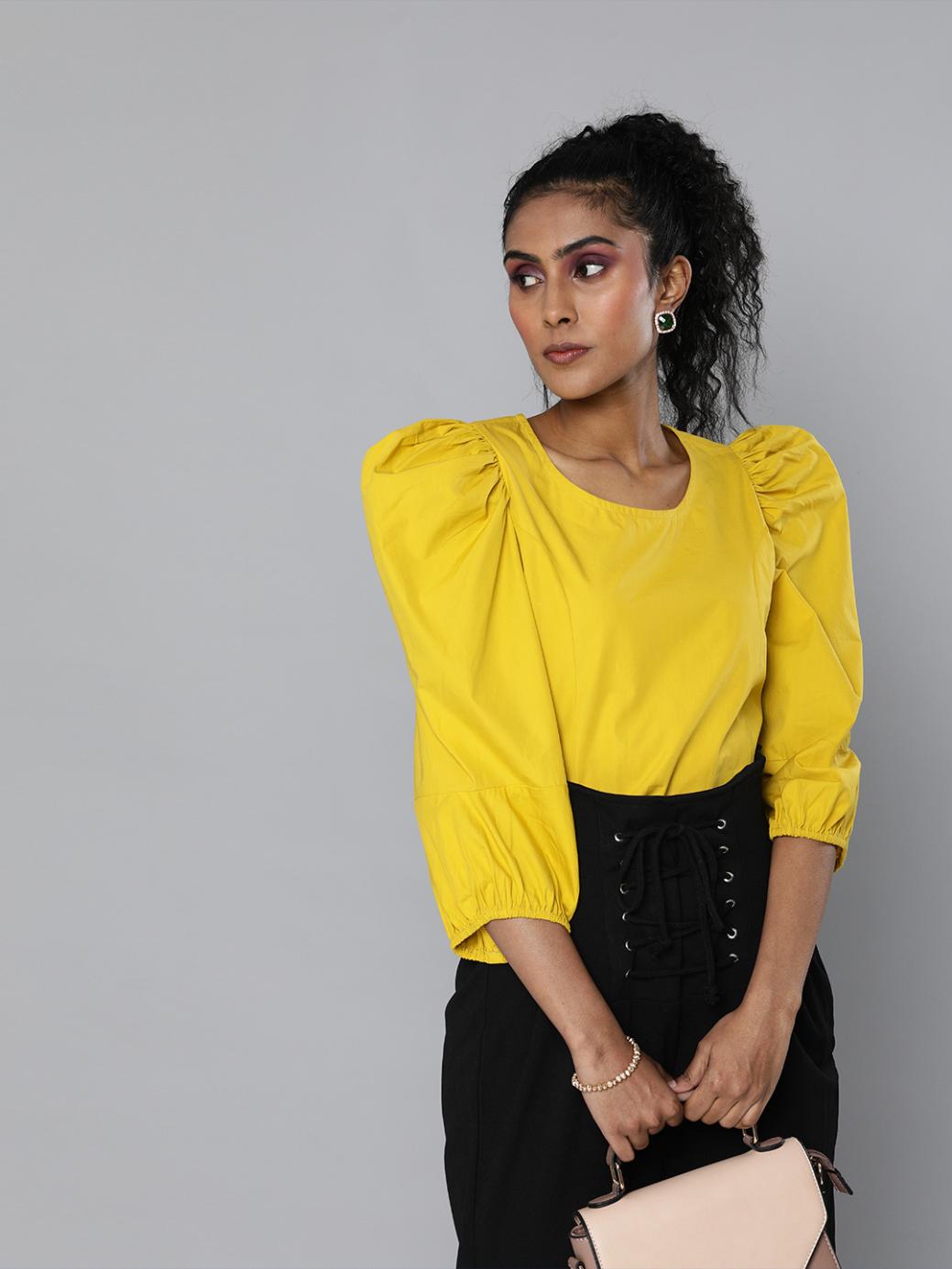 Mustard yellow volume sleeves Poplin top