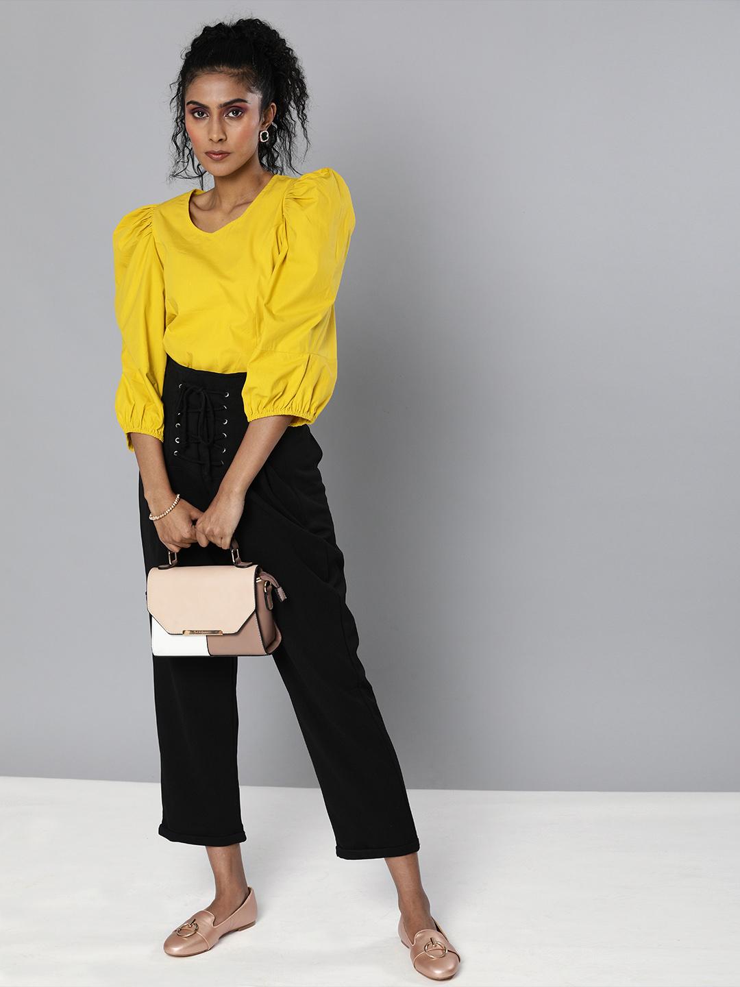 Mustard yellow volume sleeves Poplin top