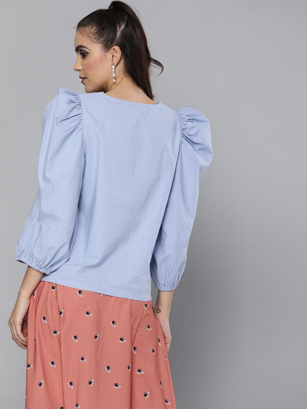 Blue volume sleeves Poplin top
