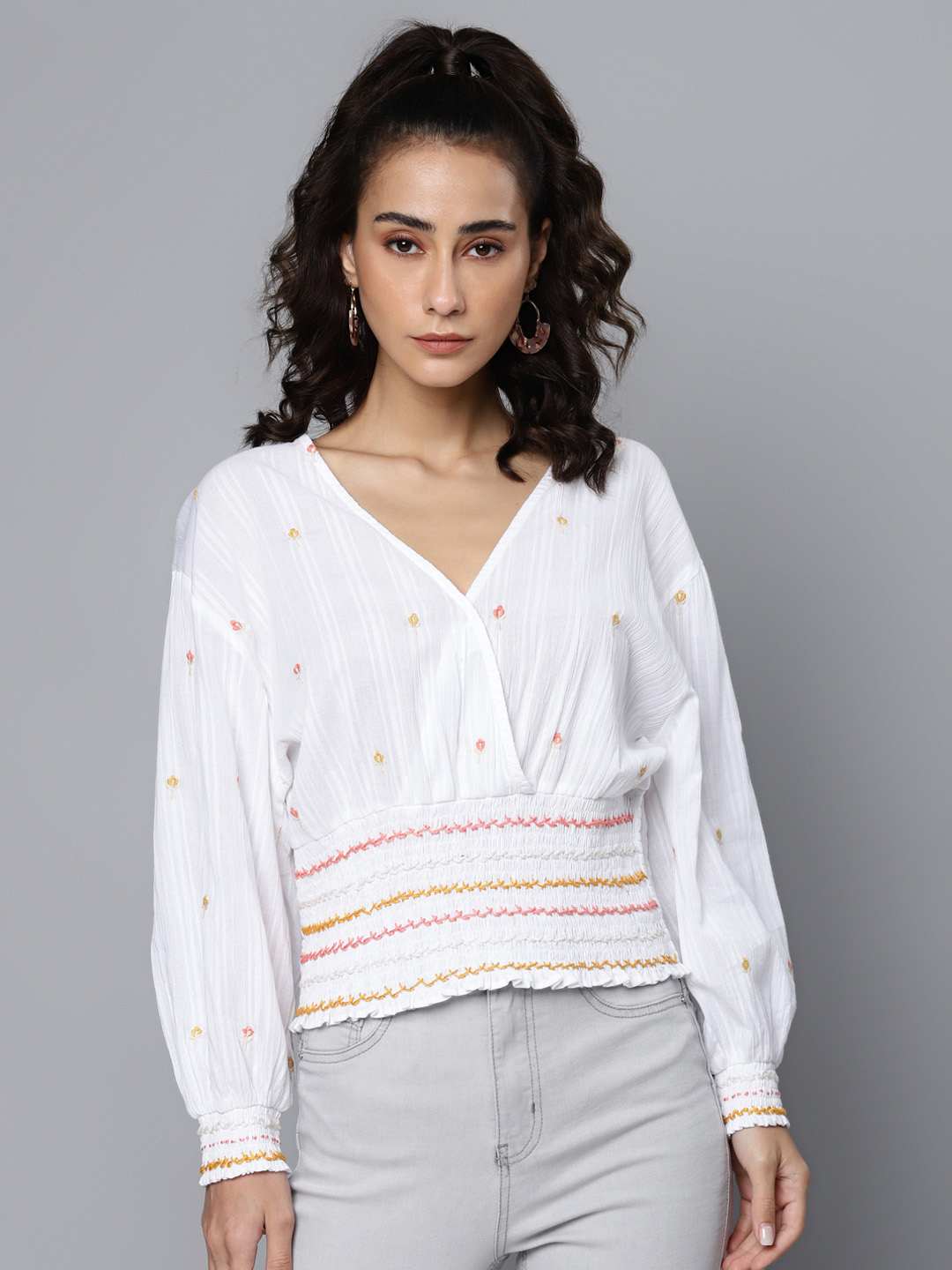 White Cotton Dobby Embroidered Wrap Top With Hand Smocking