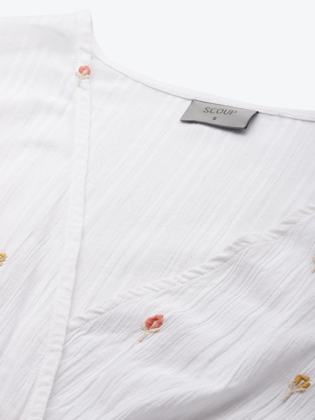 White Cotton Dobby Embroidered Wrap Top With Hand Smocking