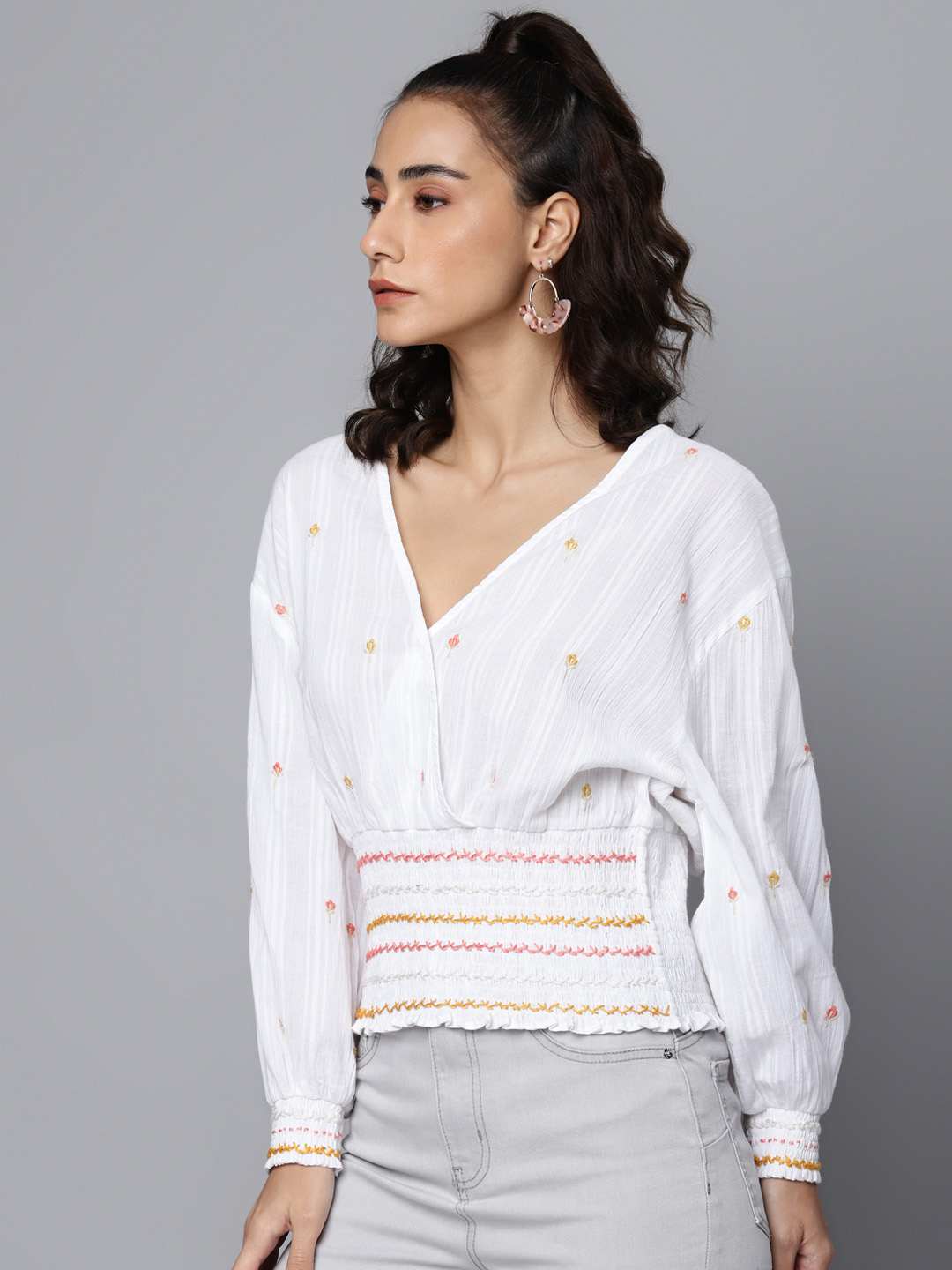 White Cotton Dobby Embroidered Wrap Top With Hand Smocking