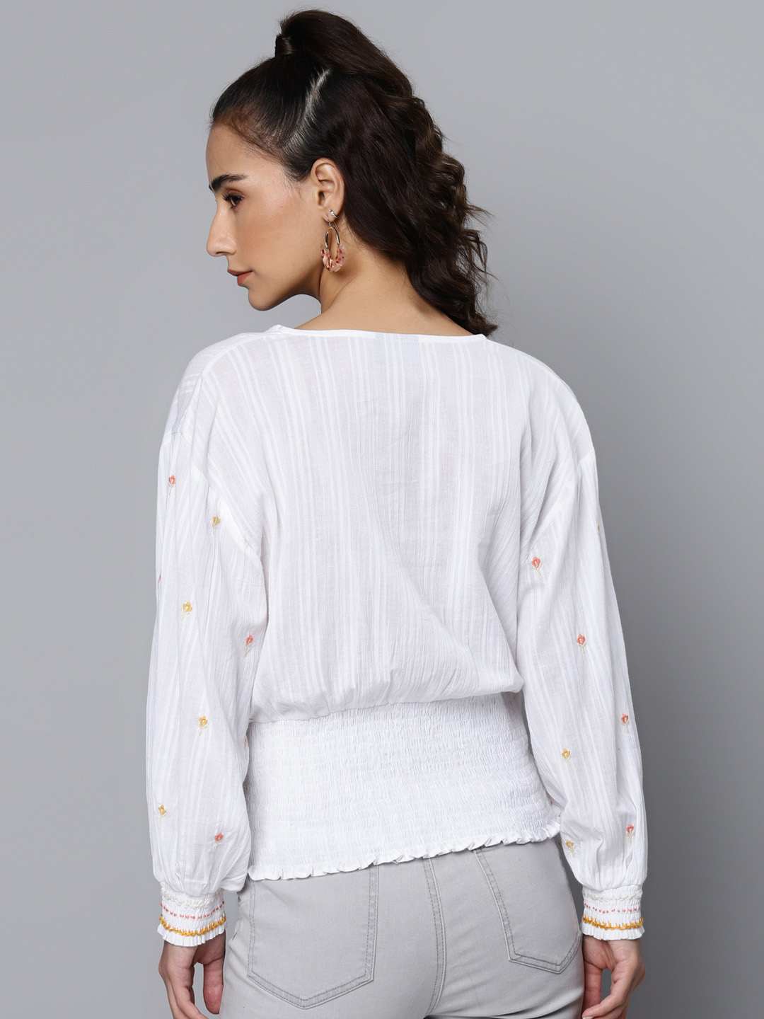 White Cotton Dobby Embroidered Wrap Top With Hand Smocking