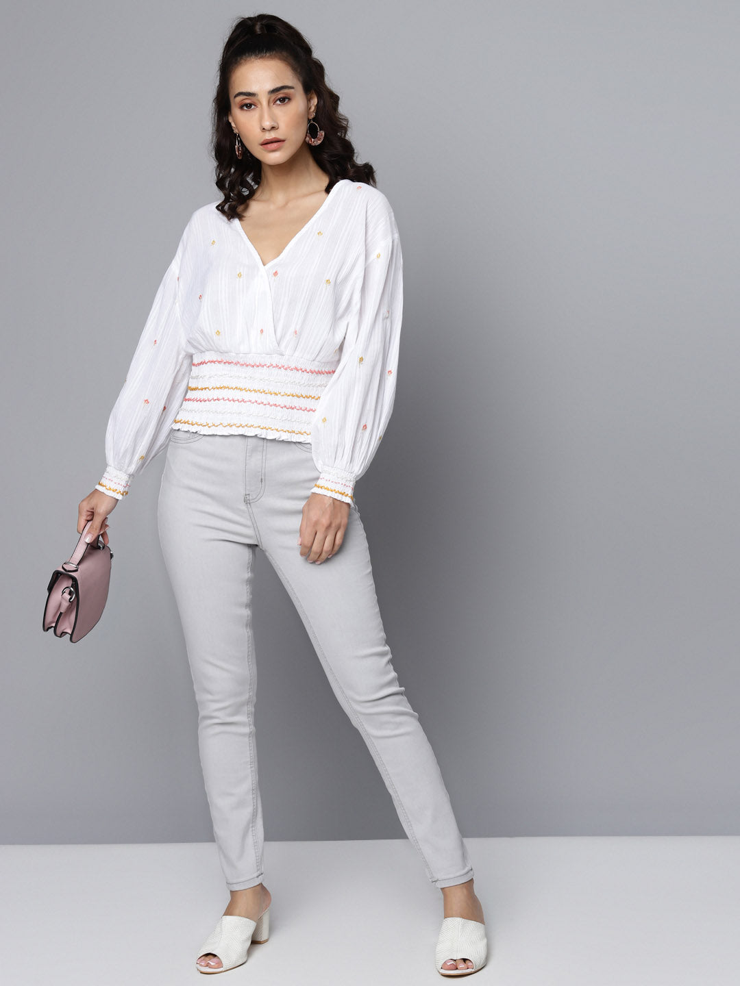 White Cotton Dobby Embroidered Wrap Top With Hand Smocking