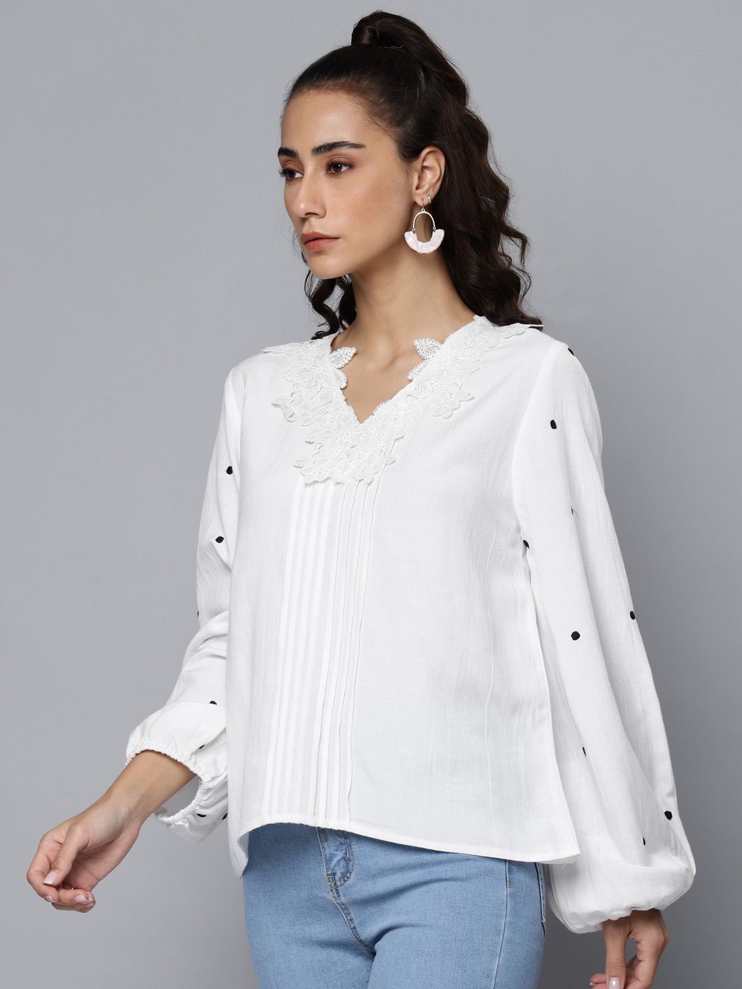 White Pure Cotton Solid Lace Insert Puff Sleeve Top