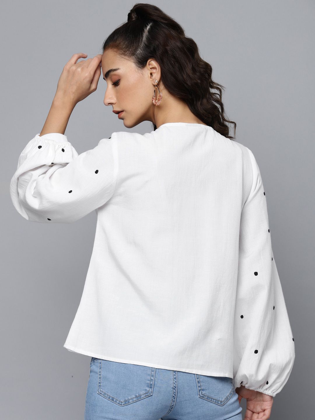 White Pure Cotton Solid Lace Insert Puff Sleeve Top