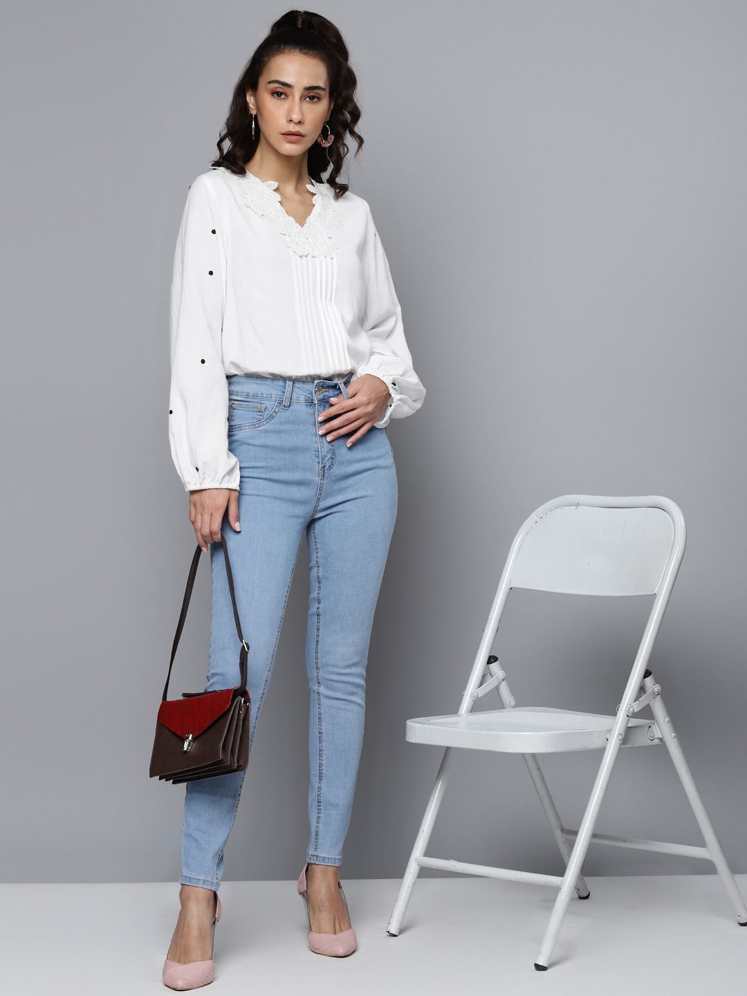 White Pure Cotton Solid Lace Insert Puff Sleeve Top