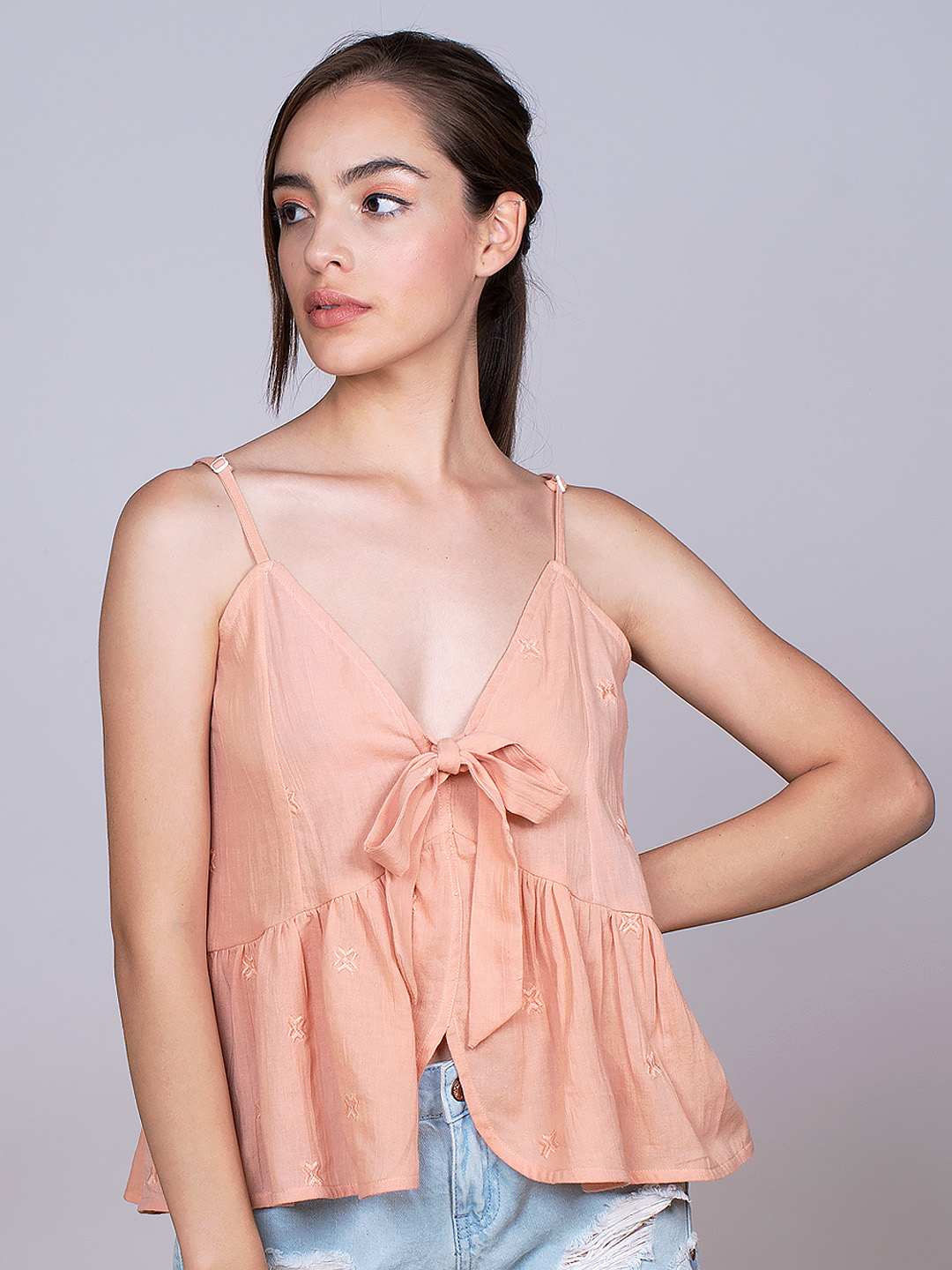 Peach Embroidered front Knotted Top