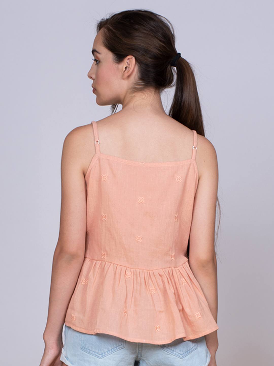 Peach Embroidered front Knotted Top