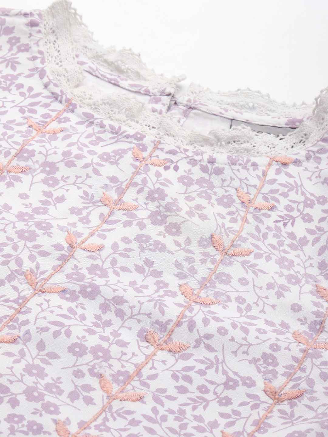 Printed Embroidered & Lace Detail Top