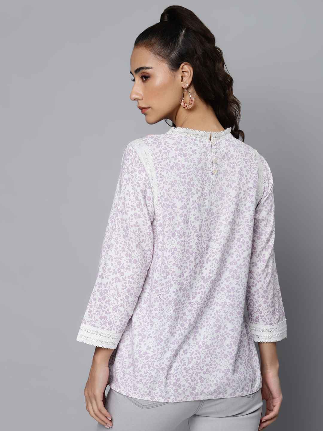 Printed Embroidered & Lace Detail Top