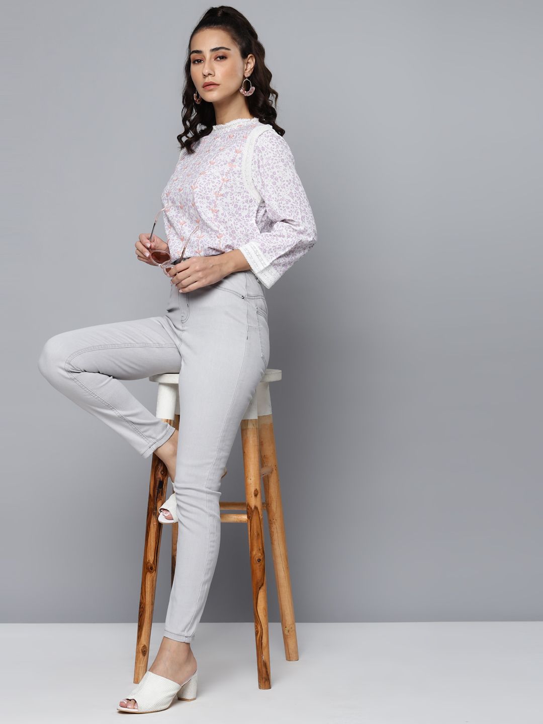 Printed Embroidered & Lace Detail Top