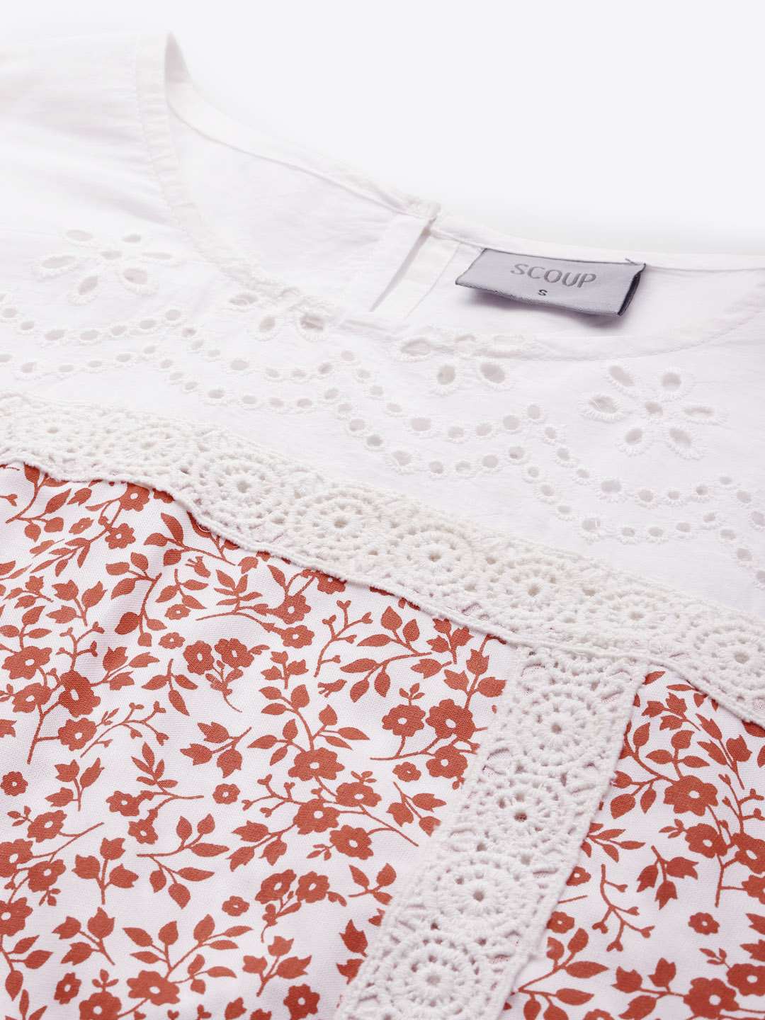 Printed Top with Lace Detail & Schiffli Yoke