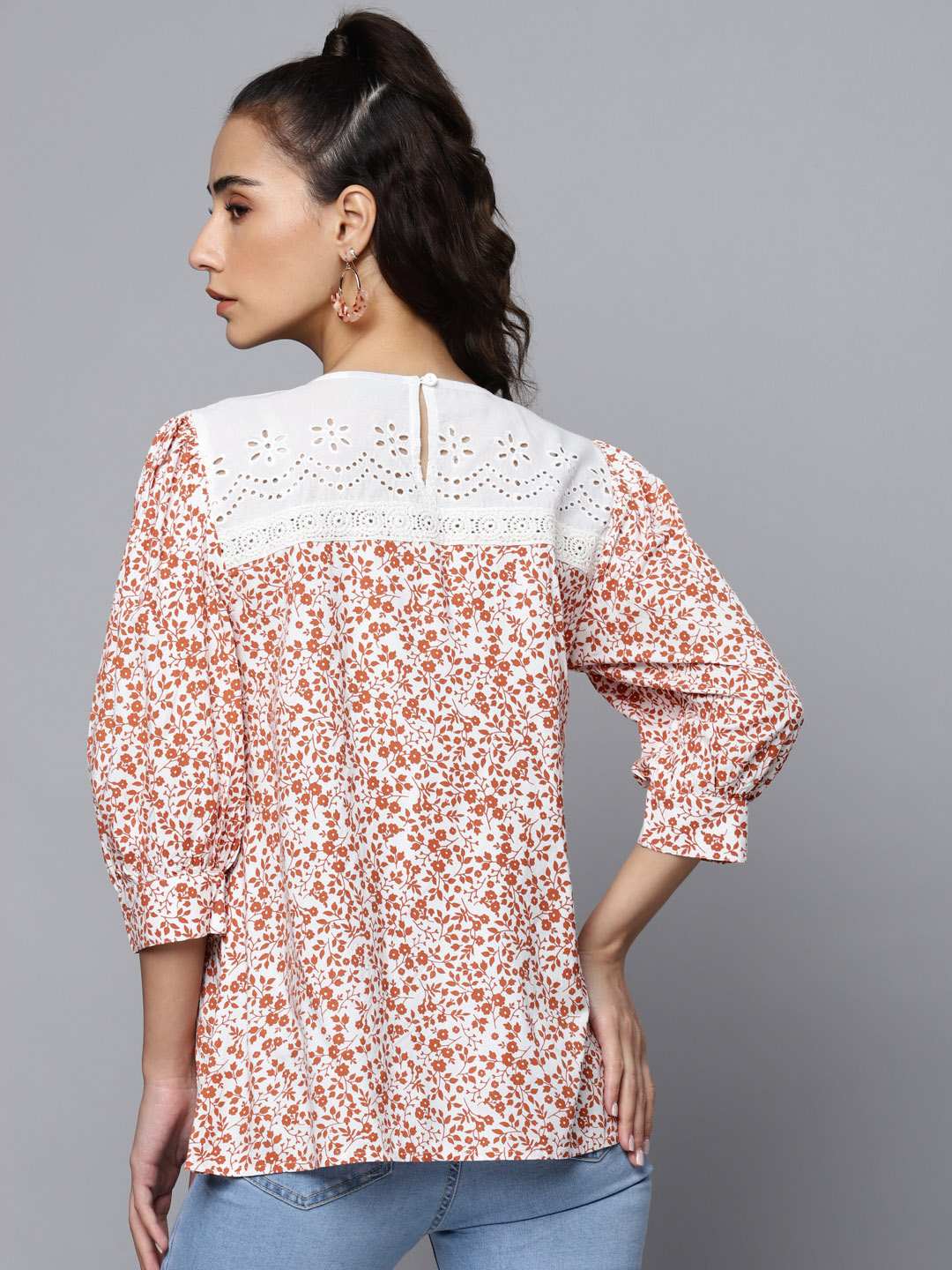 Printed Top with Lace Detail & Schiffli Yoke