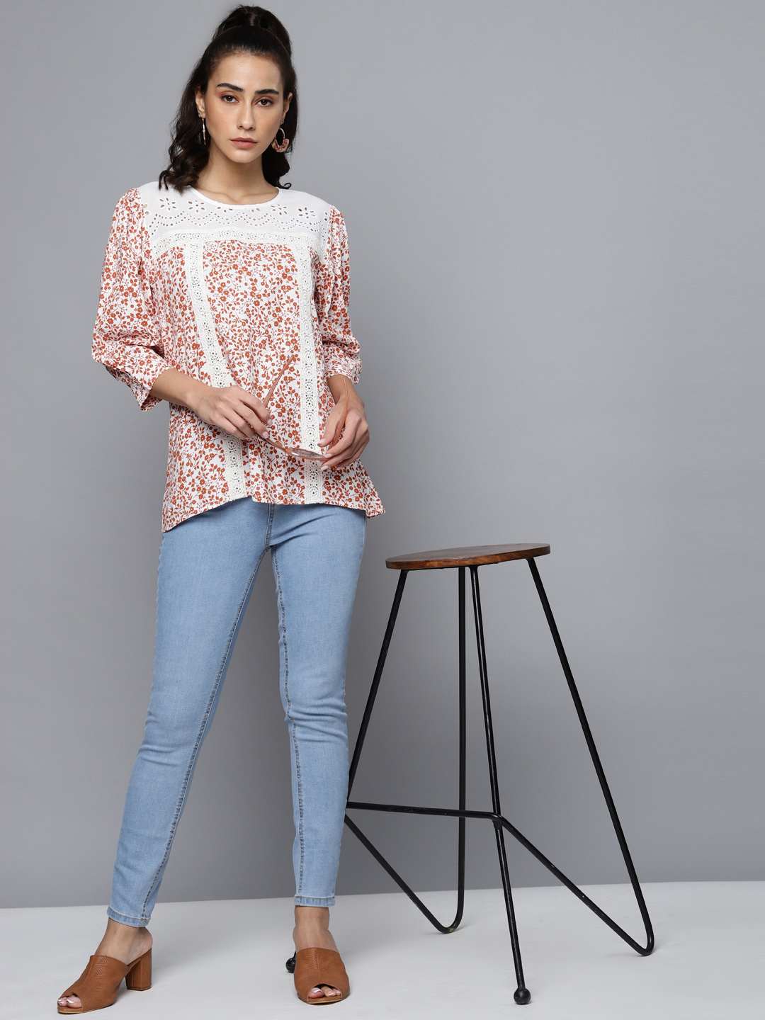 Printed Top with Lace Detail & Schiffli Yoke