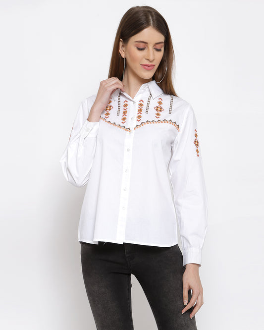 Women White Embroidered Cotton Casual Shirt