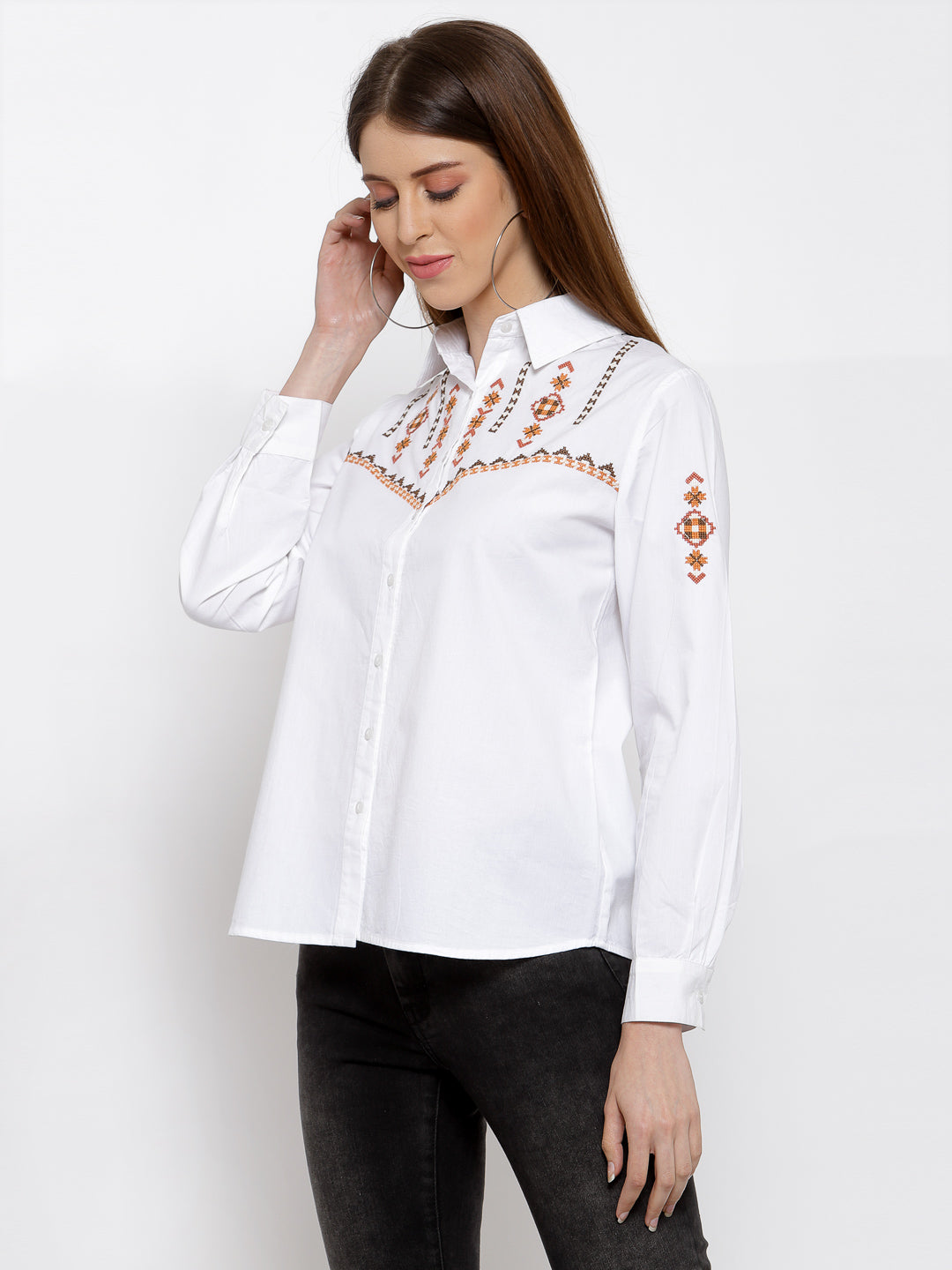 Women White Embroidered Cotton Casual Shirt