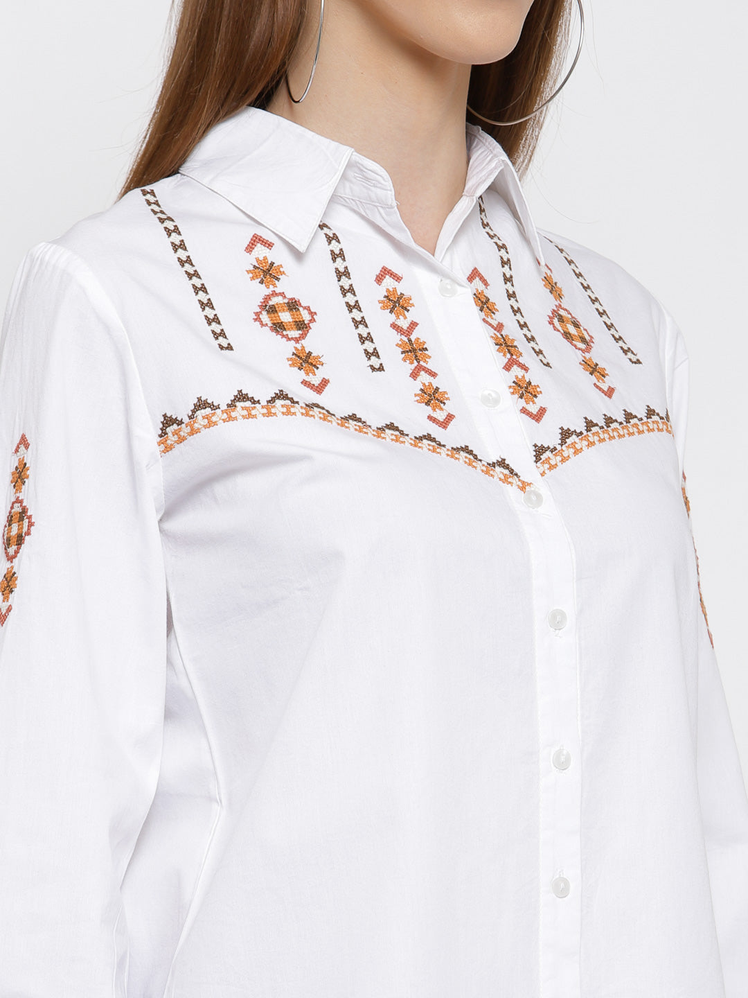 Women White Embroidered Cotton Casual Shirt