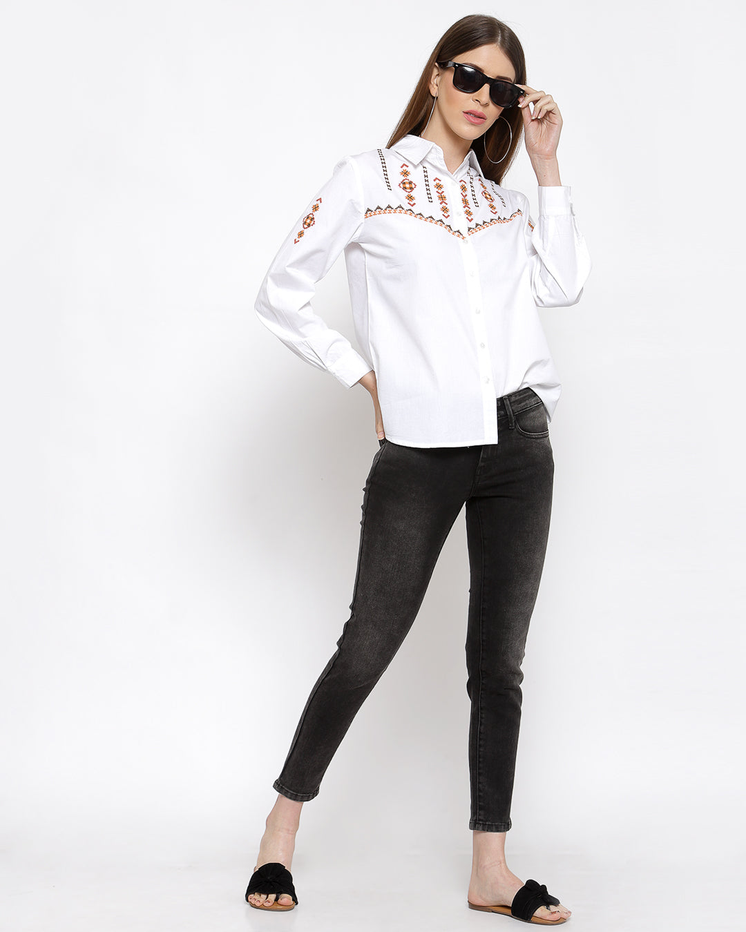 Women White Embroidered Cotton Casual Shirt